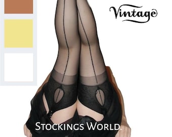 Fully Fashioned Stockings Seamed Cuban Heel KEY HOLE WELT Various colours M/L