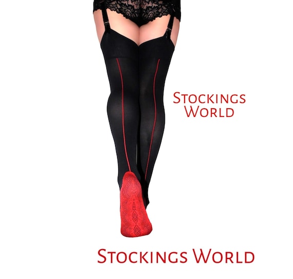 Seamed Stockings Retro Black With Red 