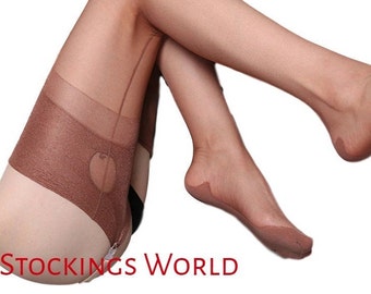 Stylished Nahtstrümpfe Vintage-Stil Nylons Kubanische Ferse Schlüsselloch Welt Kaffee Medium NEU