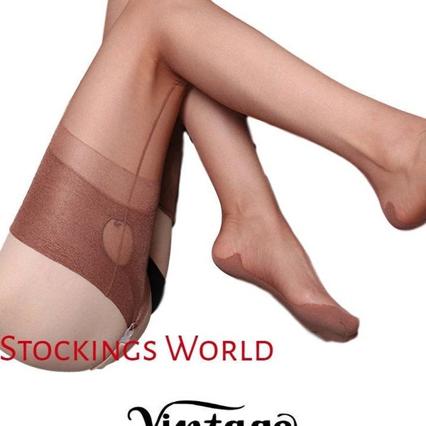 Fully Fashioned Seamed Stockings Vintage Style Nylons Cuban Heel Key Hole Welt Coffee Medium NEW