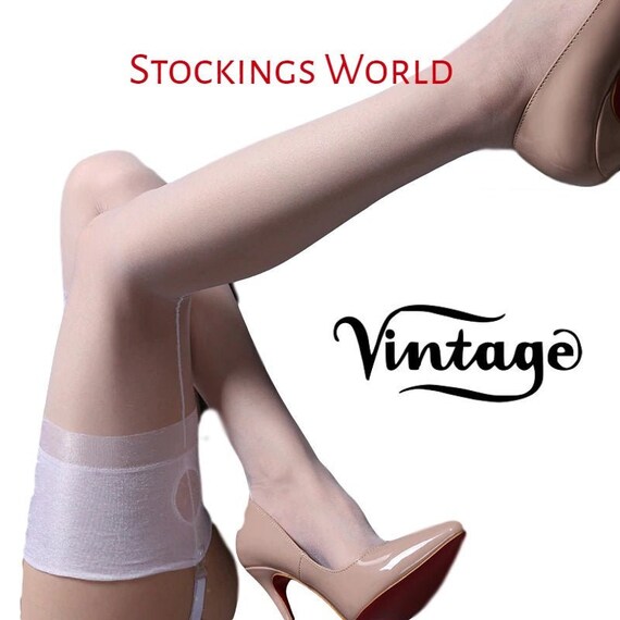 Fully Fashioned Stockings NYLONS Seamed Cuban Heel KEY HOLE WELT Black M//L NEW!