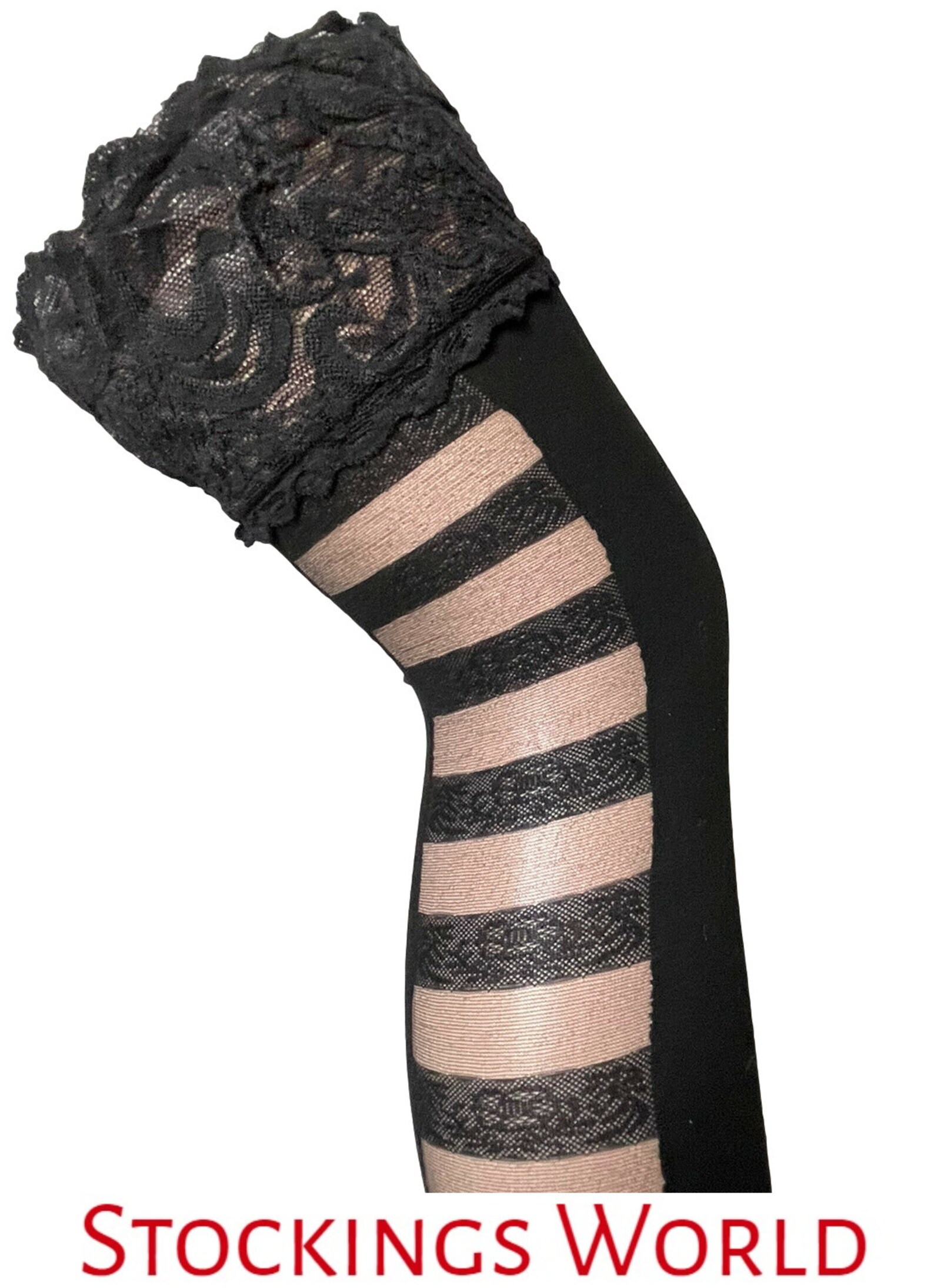 Lace Top Hold Ups Stockings Ladder Seams Black New One Size Etsy
