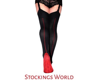 Seamed Stockings Retro Black with Red Seam & Foot PAMELA MANN Boxed Vintage Style