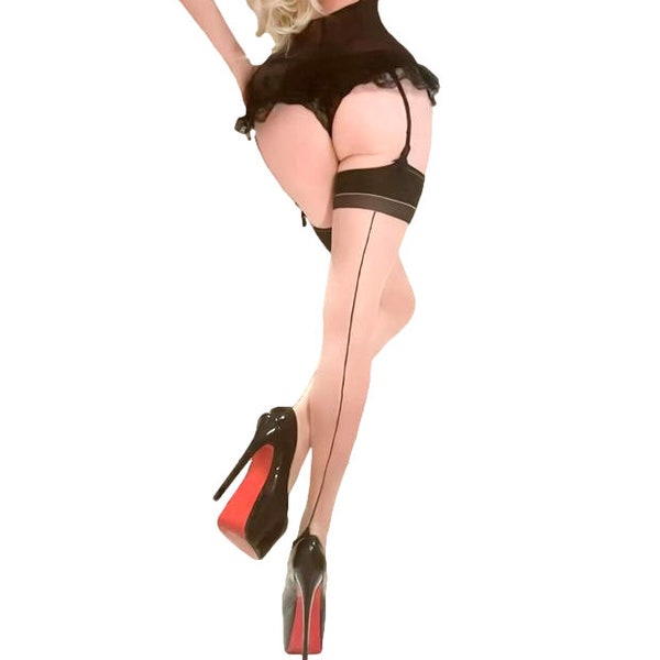 Vintage Style Seamed Stockings Contrast Seamed Natural and Black NEW "The Burlesque" SMALL