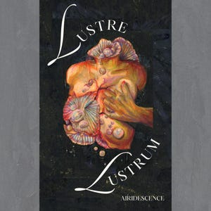 Puede incluir: Ilustración artística con la palabra "Lustre" en escritura blanca arriba y abajo. La obra presenta una figura central con formas de hongo en tonos naranja, rojo y amarillo sobre un fondo oscuro. La palabra "Airidescence" está en la parte inferior.