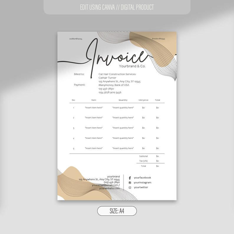 Invoice Template for Small Business, Editable Canva Form, Bakery Order ...