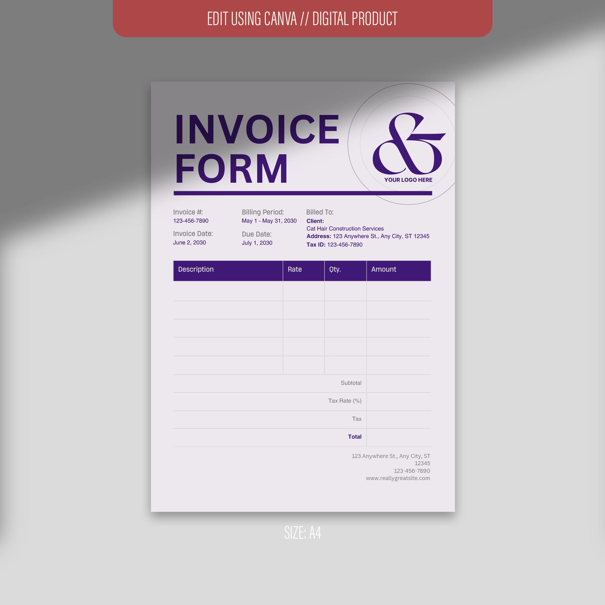 Editable Invoice Template Canva Form Template Service Invoice Template ...