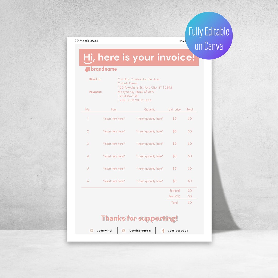 Invoice Template for Small Business, Editable Canva Form, Bakery Order ...