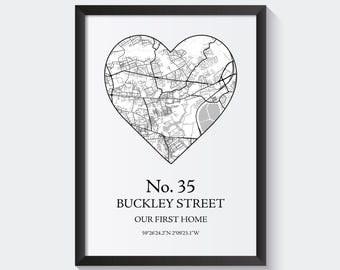 Personalized Heart Map Print: Location Wall Art, Anniversary Gift, Valentine's Day