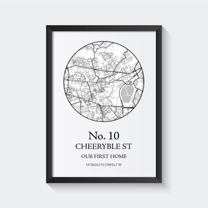 May include: Black and white print of a map with a circle around it. The text reads "No. 10 CHEERYBLE ST OUR FIRST HOME 53°28'34.2"N 2°09'22.1"W"