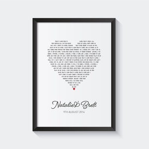 Song Lyrics Heart Print, Favourite Song lyric Music Wall Art, Custom Wedding Personalised Anniversary Gift, Postcard 6x4 7x5 10x8 A5 A4 A3 image 1