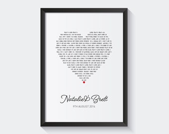 Song Lyrics Heart Print, Favourite Song lyric Music Wall Art, Custom Wedding Personalised Anniversary Gift, Postcard 6x4 7x5 10x8 A5 A4 A3