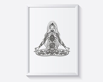Meditating Woman Print: Mandala Art, Black and White Buddhism Poster