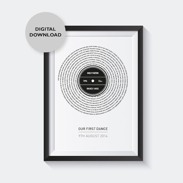 DIGITAL MUSIC DOWNLOAD Song Lyrics record print, Custom Song lyric wall art, Colour Black and White Vinyl print, Home Decor, Music Wall art