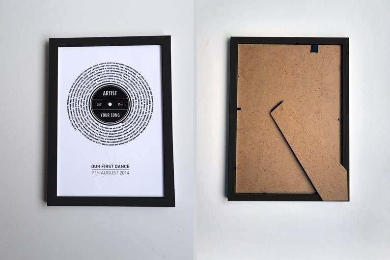 Example of the printed vinyl song lyric print in a frame. We offer Black or White frames in A3 or A4 sized. They are MDF wrapped wooden frames.