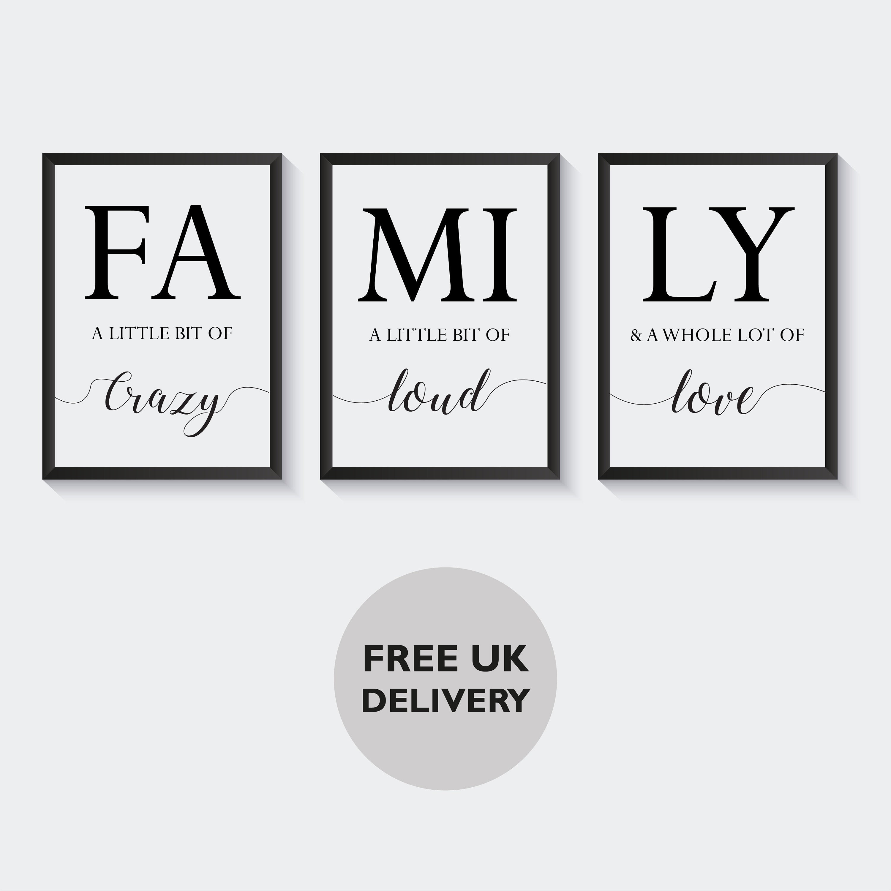 set of 3 family prints crazy loud love print family quotes etsy
