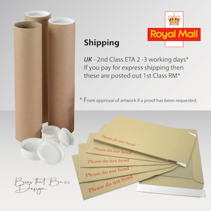 May include: A collection of brown cardboard mailing tubes with white caps, and several tan envelopes with red text that reads "Please do not bend." The Royal Mail logo is visible in the upper right corner. The image also includes the text "Bees that Buzz Design."