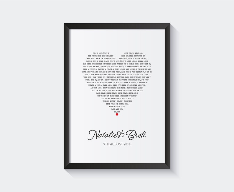 Song Lyrics Heart Print, Favourite Song lyric Music Wall Art, Custom Wedding Personalised Anniversary Gift, Postcard 6x4 7x5 10x8 A5 A4 A3 image 1