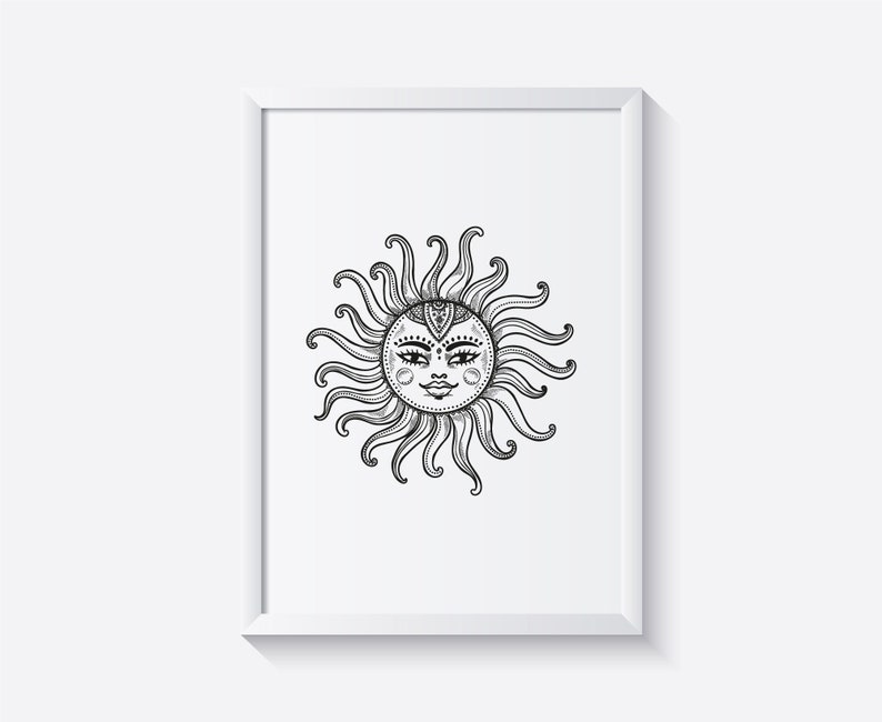 May include: A black and white line drawing of a sun with a face and intricate details. The sun is framed in a white frame.