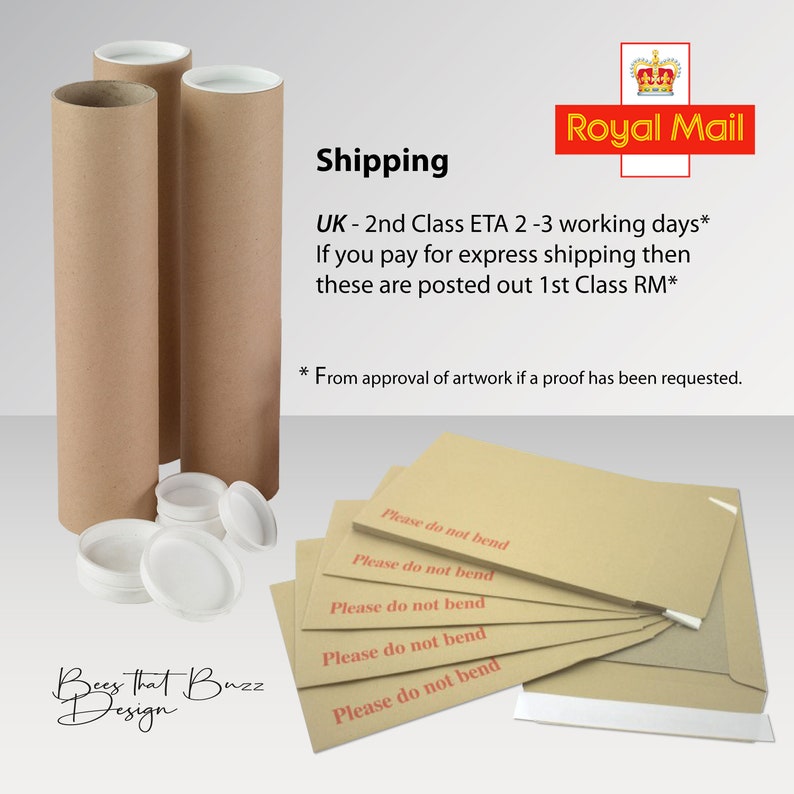 May include: Two brown cardboard tubes with white end caps and a stack of brown envelopes with the text "Please do not bend" printed in red. The envelopes are for shipping artwork. The text "Bees that Buzz Design" is printed in black on a white background.