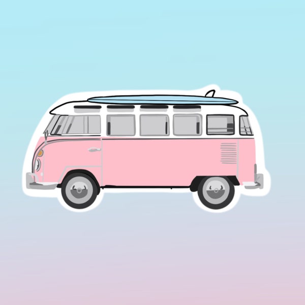 Autocollant Kombi Van - Autocollant rose et bleu Kombi Die Cut - Autocollants brillants pour ordinateur portable - Autocollants pour bouteille de boisson - Cadeau pour les amoureux de la plage Van Life