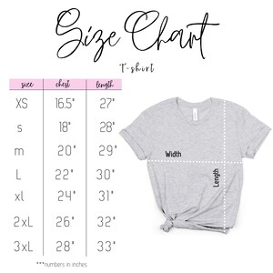 May include: Size chart for t-shirts with measurements in inches for chest and length. Sizes include XS, S, M, L, XL, 2XL, and 3XL.