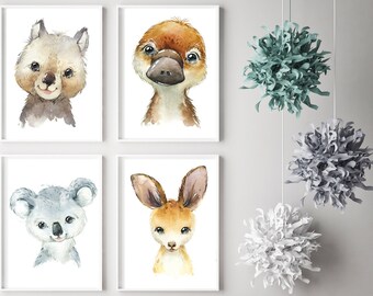 Australian Animals - Nursery Print - Watercolour - Kangaroo - Koala - Wombat - Platypus - Set of 4 - Baby Animals - Australia