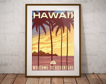 Hawaii Vintage Travel Posters - Digital Download - Waikiki - Welcome to Adventure - Palm Trees - Maui - Honolulu - Beach Print