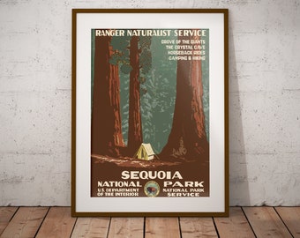 Op de afbeelding: Een vintage reisposter voor Sequoia National Park, met een uitzicht op gigantische sequoia-bomen en een tent in het bos. De poster bevat de tekst "Ranger Naturalist Service", "Grove of the Giants", "The Crystal Cave", "Horseback Rides", "Camping & Hiking", "Sequoia National Park", "U.S. Department of the Interior", en "National Park Service".