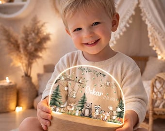 Nachtlicht Baby personalisiert Woodland Tiere | Nachtlampe Kinderzimmer mit Namen | Waldtiere Nachtlicht | Geschenk Geburt Taufe