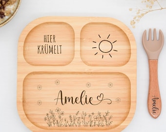 Bambusteller mit Saugnapf, Babyteller aus Bambus, Kinderteller aus Holz Geschenk zur Geburt, Taufe Weihnachten, Kinderbesteck, Taufgeschenk