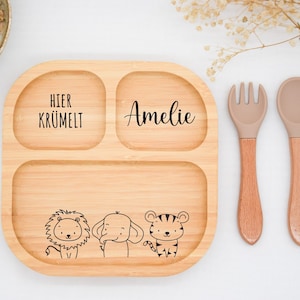 Bambusteller mit Saugnapf, Babyteller aus Bambus, Kinderteller aus Holz Geschenk zur Geburt, Taufe Weihnachten, Kinderbesteck