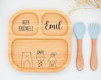 Bamboe bord met zuignap, babybord van bamboe, kinderbord van hout, cadeau voor een geboorte, doop, Kerstmis, kinderbestek