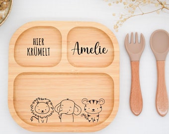 Piatto in bambù con ventosa, piatto per bambini in bambù, piatto per bambini in legno, regalo per nascita, battesimo, Natale, posate per bambini