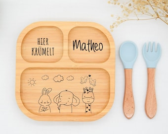 Assiette en bambou avec ventouse, assiette bébé en bambou, assiette enfant en bois, cadeau de naissance, baptême, Noël, couverts pour enfants, cadeau de baptême