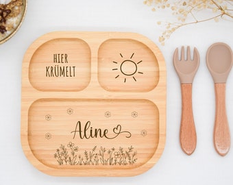 Assiette en bambou avec ventouse, assiette bébé en bambou, assiette enfant en bois, cadeau de naissance, baptême Noël, couverts pour enfants, cadeau de baptême