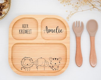 Assiette en bambou avec ventouse, assiette bébé en bambou, assiette enfant en bois, cadeau de naissance, baptême, Noël, couverts pour enfants