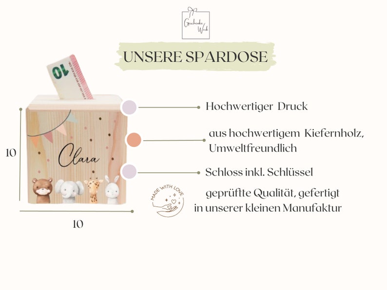 Spardose, Spardose personalisiert, Spardose Kind, Spardose Holz, Spardose Mädchen, Spardose Taufe, Personalisierte Spardose, Taufgeschenk Bild 3