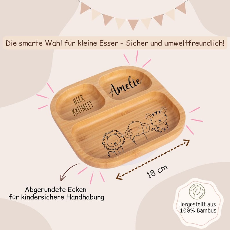 K&ouml;nnte beinhalten: Eine geteilte Bambusplatte, ca. 18 cm breit, mit abgerundeten Ecken. Sie hat drei F&auml;cher und ist mit Cartoon-Tierillustrationen verziert. Der Name "Amelie" und der Text "HIER KR&Uuml;MELT" sind aufgedruckt. Der Text "Hergestellt aus 100% Bambus" ist ebenfalls sichtbar.