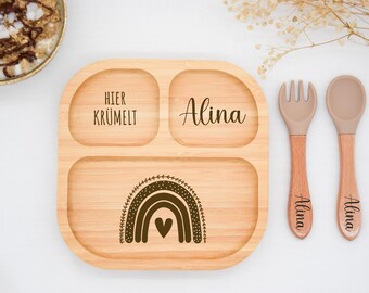 Bambusteller mit Saugnapf, Babyteller aus Bambus, Kinderteller aus Holz Geschenk zur Geburt, Taufe Weihnachten, Kinderbesteck, Taufgeschenk