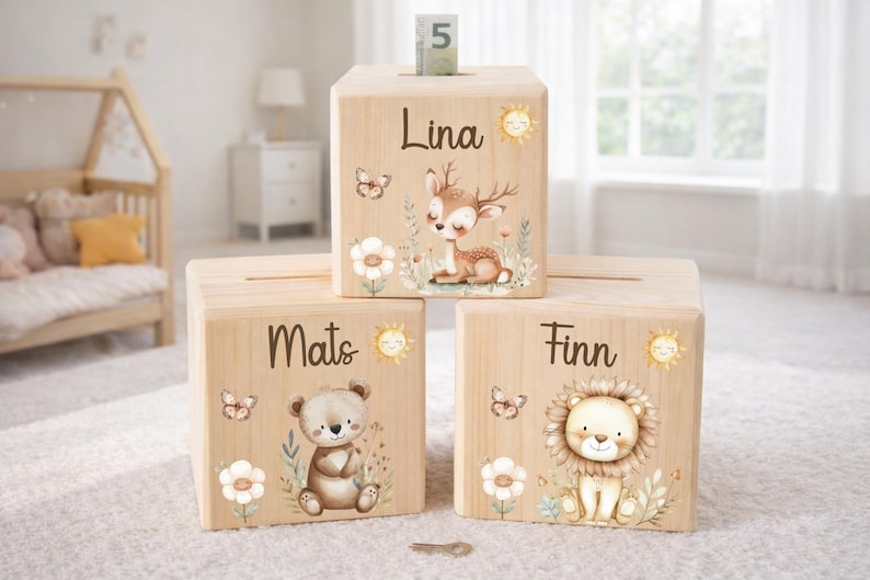 Unsere personalisierten Holz-Spardosen für Kinder sind das perfekte Geschenk zur Geburt und Taufe.  Diese Spardosen sind zeitlose Erinnerungen an die Kindheit und eignen sich auch hervorragend als Weihnachtsgeschenke für Kinder. Ostergeschenk