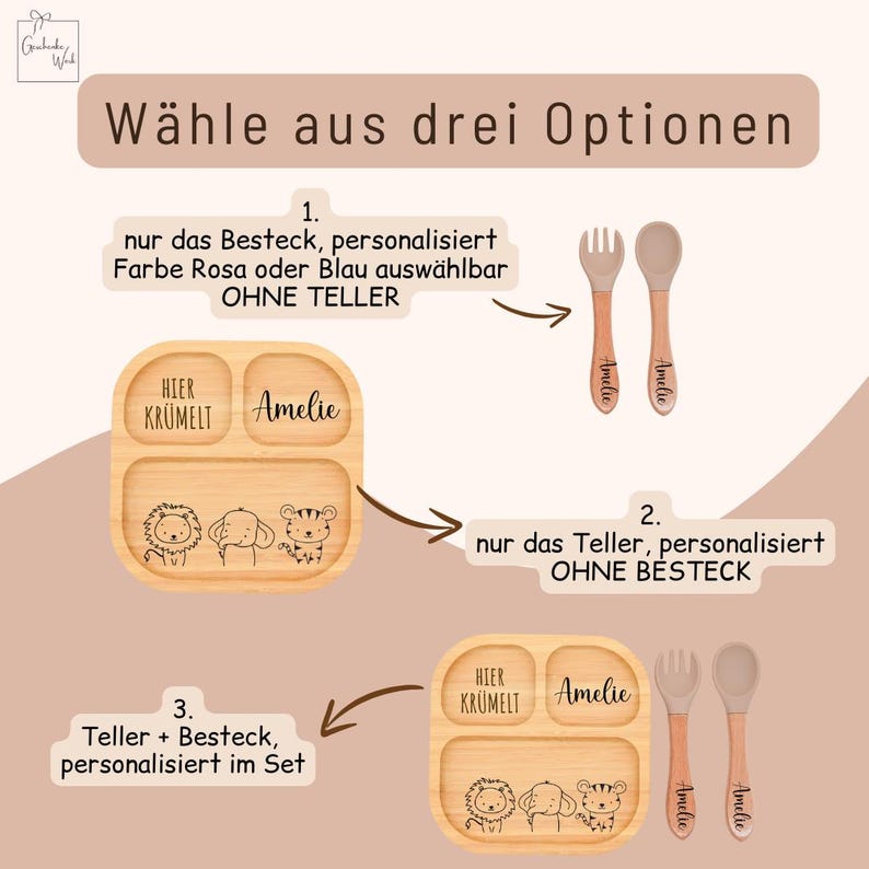 K&ouml;nnte beinhalten: Holz-Babyteller mit drei F&auml;chern, mit eingravierten Tierillustrationen und dem Namen "Amelie". Das Bild zeigt auch ein Gabel- und L&ouml;ffelset. Der Text auf dem Bild lautet "W&auml;hlen Sie aus drei Optionen."