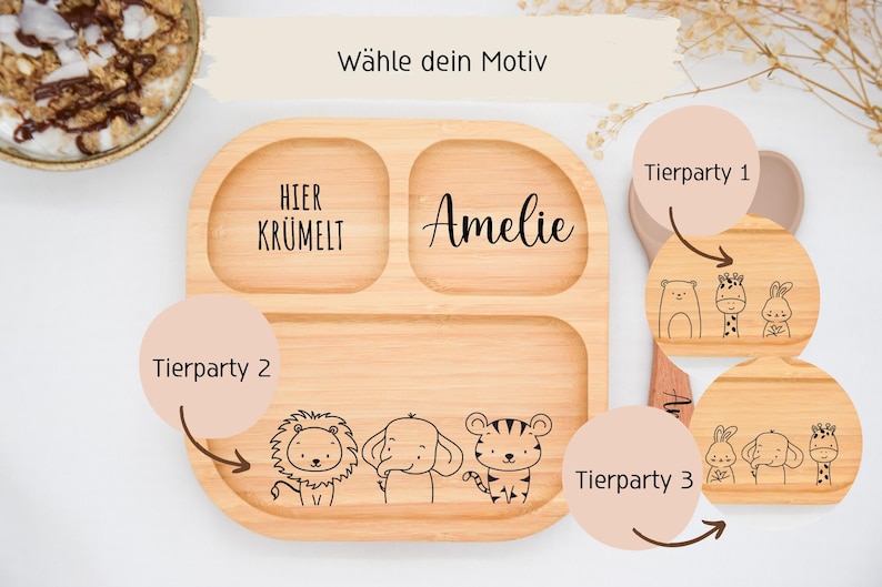 K&ouml;nnte beinhalten: Ein helles Holztablett mit Unterteilungen, auf dem der Name "Amelie" und der Text "HIER KR&Uuml;MELT" aufgedruckt sind. Das Tablett hat drei F&auml;cher und ist mit Tierillustrationen verziert. Das Bild zeigt auch drei Holzplatten mit Tierillustrationen.