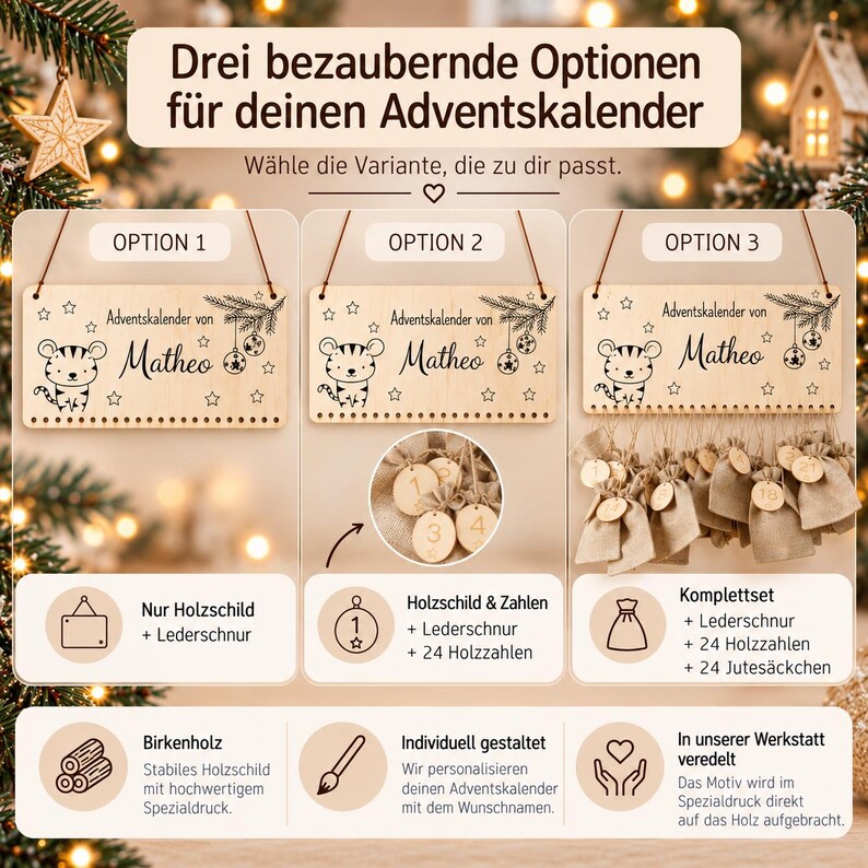 Unser personalisierter Adventskalender aus Holz für Kinder ist ein einzigartiges Geschenk, um die Vorfreude auf Weihnachten und den Nikolaus jeden Tag mit einer individuellen Überraschung zu füllen.
Adventskalender Kinder, Nikolausgeschenk, Advent
