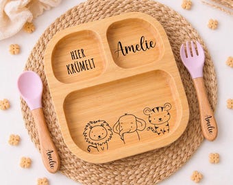Bambusteller mit Saugnapf, Babyteller aus Bambus, Kinderteller aus Holz Geschenk zur Geburt, Taufe Weihnachten, Kinderbesteck