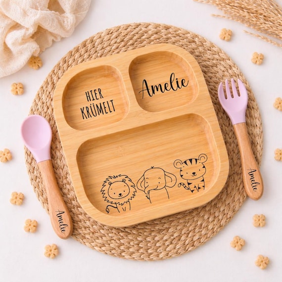 Bambusteller mit Saugnapf, Babyteller aus Bambus, Kinderteller aus Holz Geschenk zur Geburt, Taufe Weihnachten, Kinderbesteck