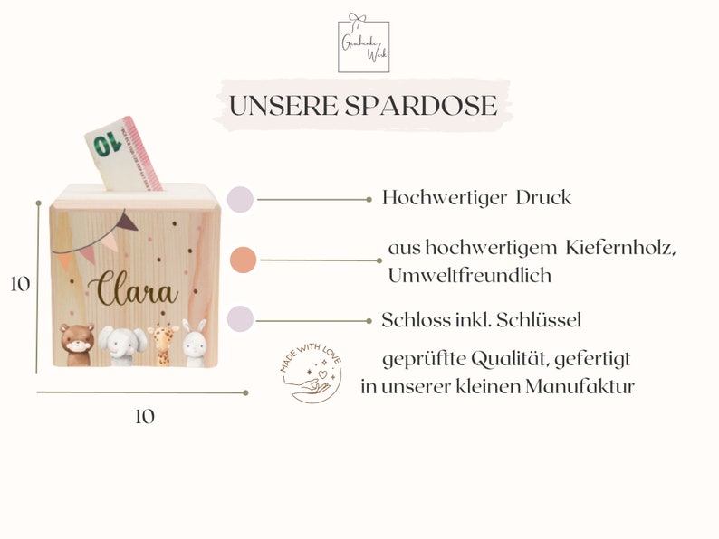 Unsere personalisierten Holz-Spardosen für Kinder sind das perfekte Geschenk zur Geburt und Taufe.  Diese Spardosen sind zeitlose Erinnerungen an die Kindheit und eignen sich auch hervorragend als Weihnachtsgeschenke für Kinder.