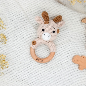 Personalized baby rattle gripping ring crocheted baby gift for birth rattle bunny lion bear elephant reindeer wooden toy gripping toy image 5