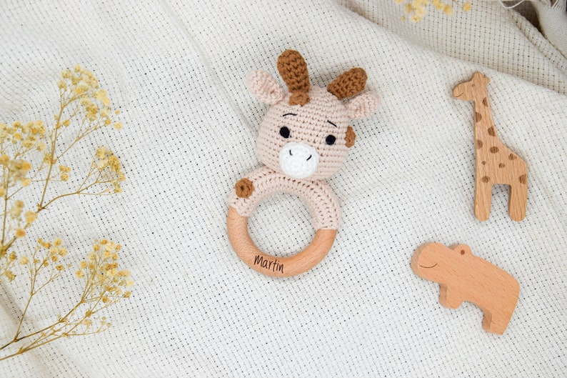 Personalized baby rattle gripping ring crocheted baby gift for birth rattle bunny lion bear elephant reindeer wooden toy gripping toy image 5
