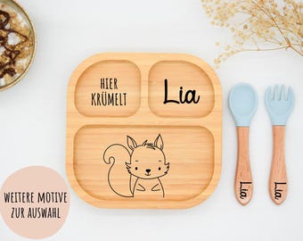 Bambusteller mit Saugnapf, Babyteller aus Bambus, Kinderteller aus Holz Geschenk zur Geburt, Taufe Weihnachten, Kinderbesteck, Taufgeschenk